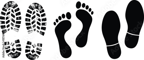 Footprints and shoe sole silhouettes set with human feet tracks, walking trail impressions and footwear marks isolated on white background