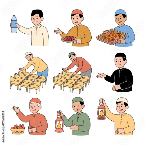 Preparation for Gathering: A collection of illustrations depicting a range of actions in preparation for a special gathering, from offering sustenance to setting up seating.