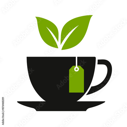 Green tea cup with leaves illustration symbol isolated on white background