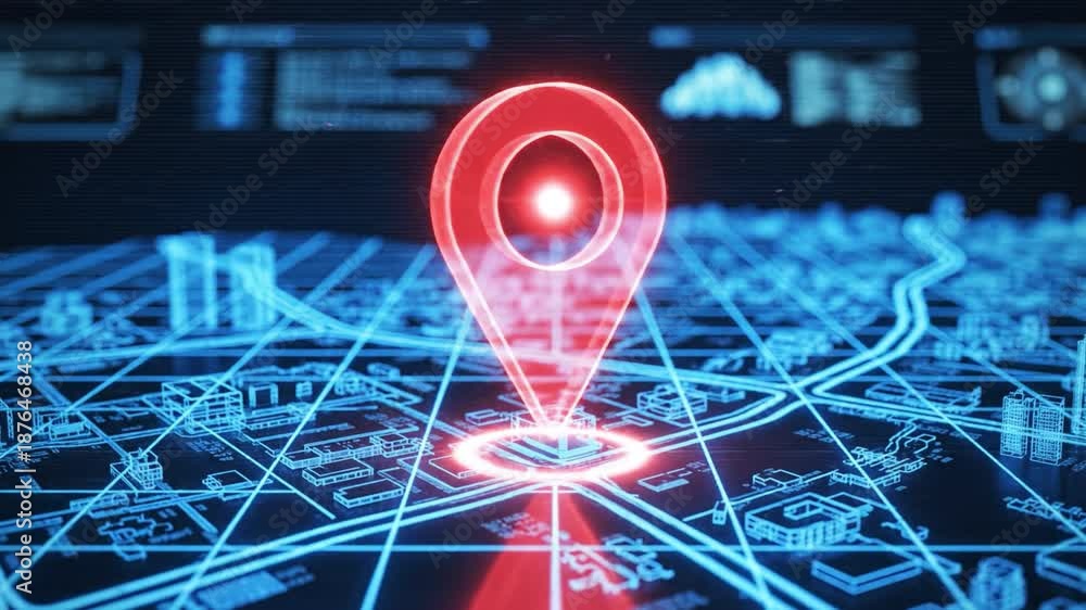 Neon map pin digital city map highlighting location with glowing grid ...