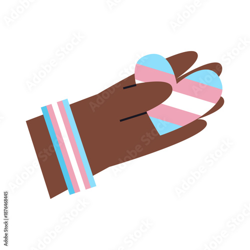 African American hand with heart symbol and trans flag colors. Transgender and genderqueer rights, visibility and awareness concept. Inclusion and diversity.