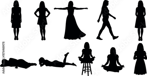 Women silhouette poses collection showing standing walking dancing sitting and relaxing positions, black female figure set vector illustration