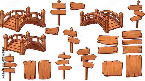Wooden bridge and signboard elements set illustration, rustic cartoon wood assets, game environment props, flat colorful vector design
