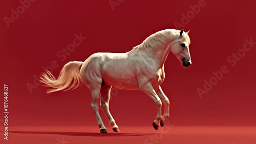 White horse rearing on a vibrant red backdrop, mane flowing, showcasing strength and elegance