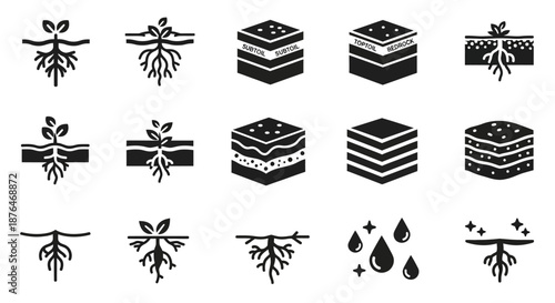 Collection of Simple Black and White Seedling Icons.