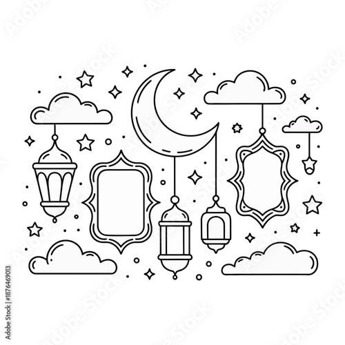 Moon and Lanterns: A minimalist illustration of a crescent moon and hanging lanterns with stars, clouds, and frames. A representation of the spiritual atmosphere.
