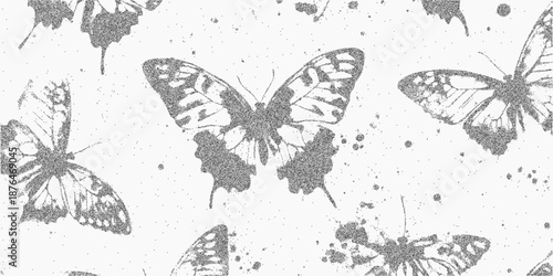 Background with a butterfly pattern and repeated silhouettes, dusty grain and paper speckle, faded ink textures with abstract stippled noise.