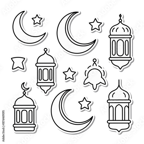Ramadan Lanterns, Crescent Moons and Stars: Artistic design elements celebrating the spirit of Ramadan, showcasing elegant lanterns, crescent moons, and stars in a clean, minimalist style.