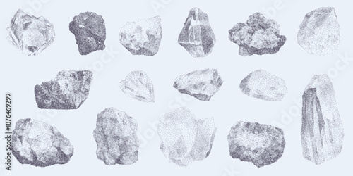 Set of prints of stones of different shapes with granular grain texture, dust overlays and faint stains on textured aged paper.