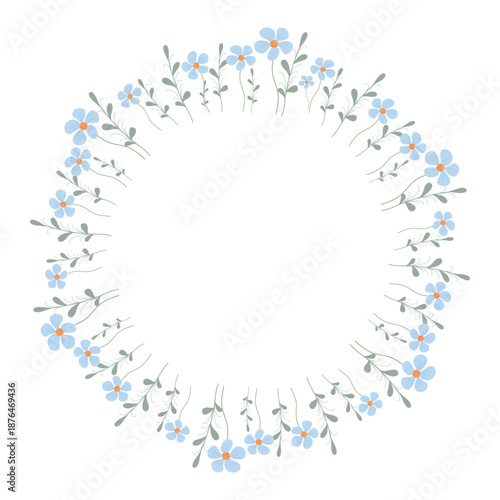 Blue flower wreath, delicate floral frame. Blue wreath, botanical border. Floral ring illustration, blue blossom wreath