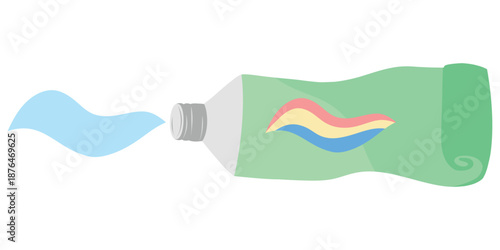 Squeezed toothpaste tube, paste flow. Toothpaste tube with swirl, dental paste. Toothpaste dispenser illustration, oral care tube