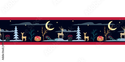 Night forest Christmas seamless border, deer and moon. Festive border with reindeer and presents. Holiday night scene border