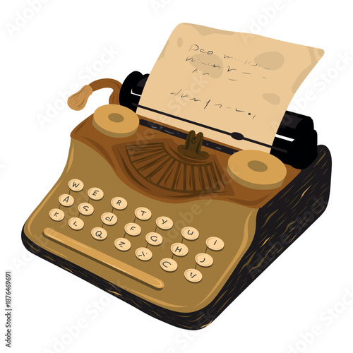 Retro typewriter with paper vector illustration. Vintage writing machine. Hand drawn vector illustration