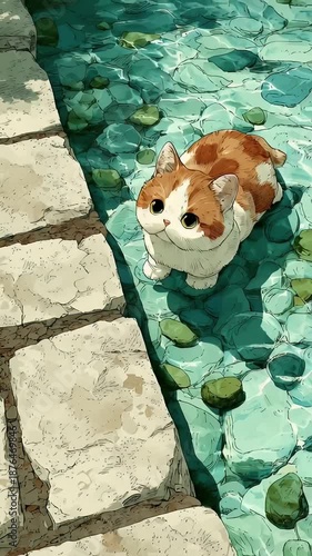 Anime Style Cat Looking Up in Clear Stream Water