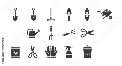 Gardening Tools Icons Set on White Background.