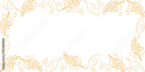 Wine and Grapes Border, Elegant Menu Frame. Grapes Border Vector, Wine Label and Invitation Frame. Vineyard Border, Rustic Wine Menu Border