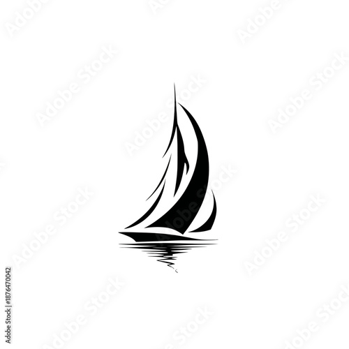 Elegant black and white silhouette of a sailing yacht on white background