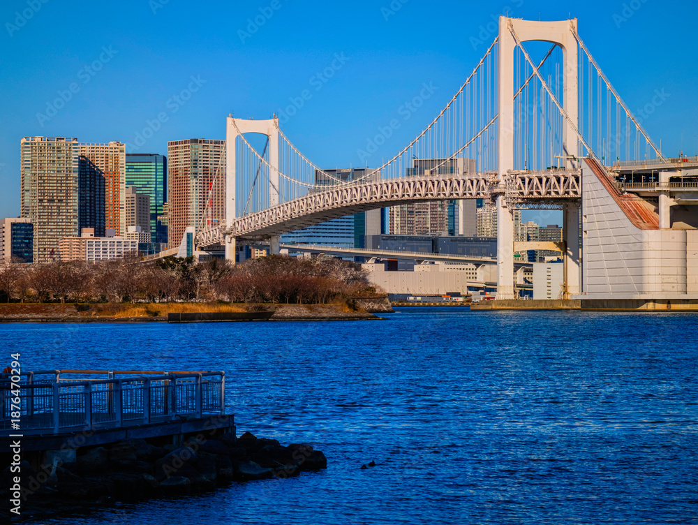 Obraz premium Rainbow Bridge by Daiba Park and Odaiba Seaside Park in Minato City, Tokyo, Japan, a calm waterfront scene blending architecture and coastal beauty.