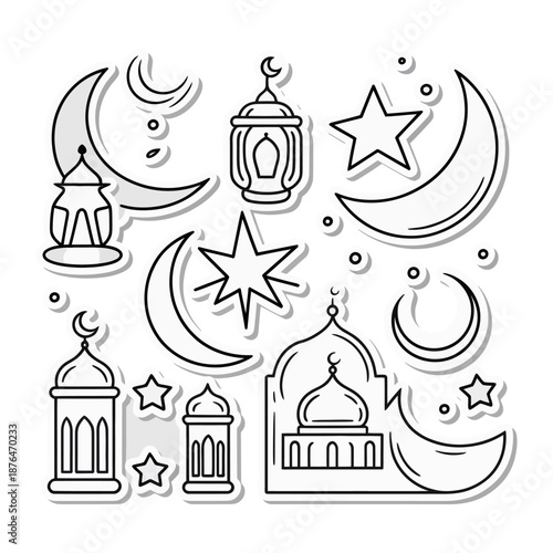 Ramadan Symbols: Symbolic depiction of Ramadan and Islamic themes, with elegant crescent moons, radiant stars, and traditional lanterns.