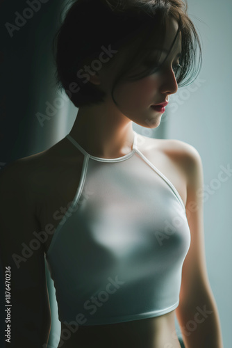Pensive Asian Woman In White Halter Crop Top Standing Indoors Looking Down In Moody Lighting