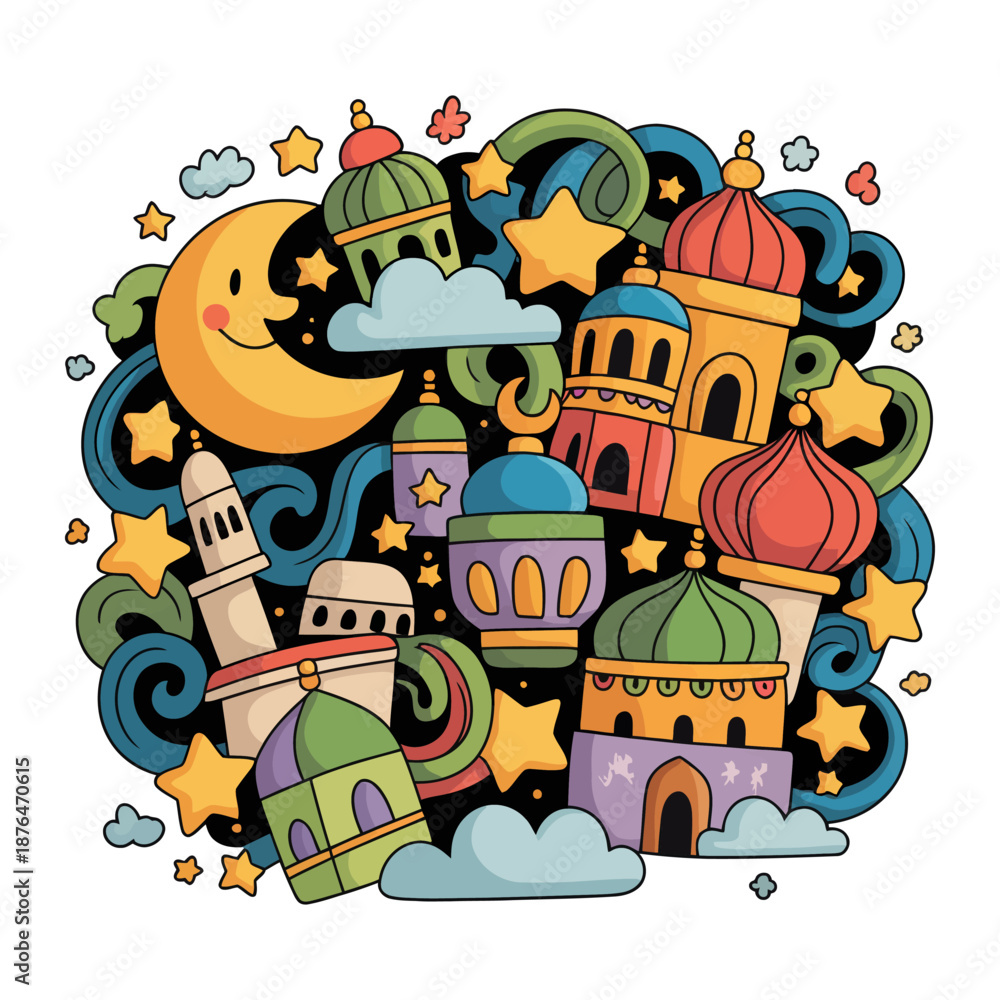 Naklejka premium Celestial Cityscape: A vibrant, hand-drawn illustration depicting a whimsical night scene, with a crescent moon, stars, and charming architectural elements representing a mystical city.