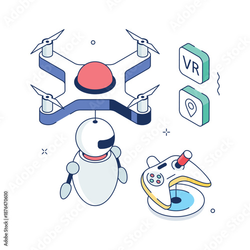 An isometric illustration depicting drone technology and aerial robotics