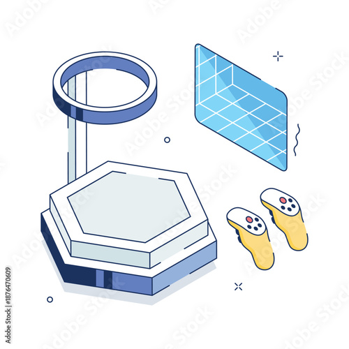 A dynamic isometric illustration representing vr game and immersive gameplay