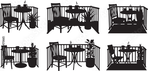 Silhouettes of various balcony settings with furniture and plants
