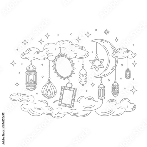 Ramadan Decoration Illustration: A serene illustration showcases the essence of Ramadan, with celestial bodies, and traditional lanterns. It evokes a feeling of peace and reflection.