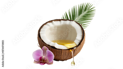 Coconut with oil dripping isolated on transparent background with tropical leaf and flower