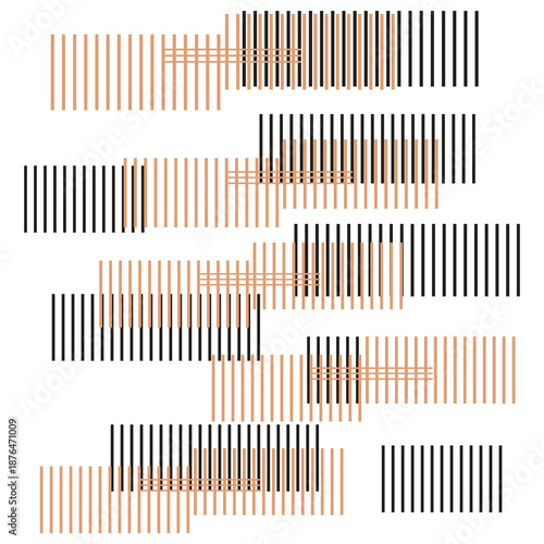 Minimalist abstract design of vertical parallel lines on a white background. Black and warm beige blocks overlap and intersect with some beige lines forming woven grid patterns for depth
