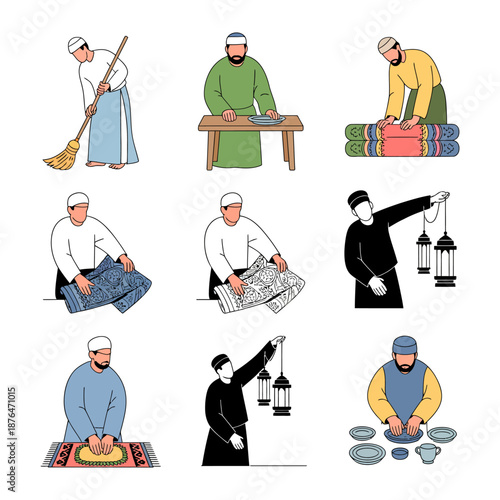 Daily Ramadan Life: Capturing the essence of daily life, this image portrays a series of illustrations of individuals engaged in a variety of activities during the holy month of Ramadan.