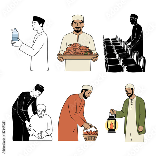 Ramadan Preparation: A collection of illustrations depicting various moments in preparation for Ramadan, from providing water to sharing dates and offering prayer.