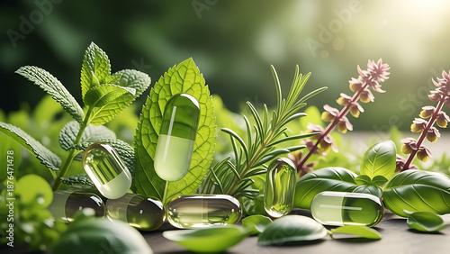 Serene natural scene with lush greenery and capsules in harmony
