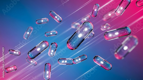 Capsules floating in air with effect, colorful background, technology, closeup, and motion