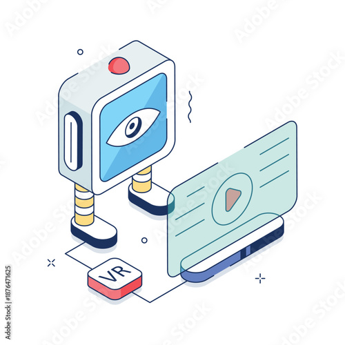 A trendy isometric illustration depicting robot camera and machine vision