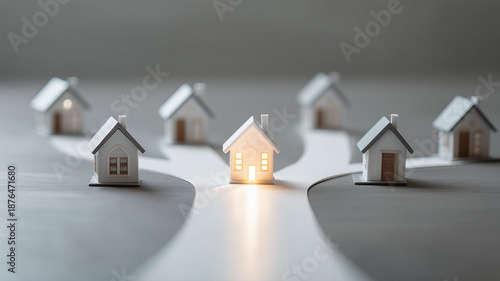 Several house models at a crossroads of white lines, with one house glowing brightly. Concept of choosing a property, making a purchase decision, finding the perfect home and mortgage offers.