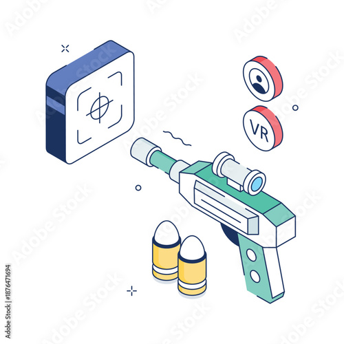 A dynamic isometric illustration of vr gun shooting gameplay