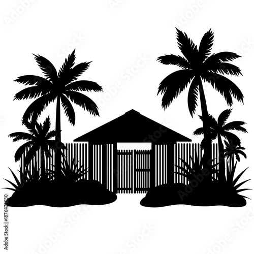 Silhouette of tropical villa garden privacy fence with palm trees, security and resort tranquility