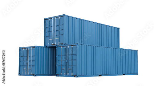 Three blue shipping containers isolated on transparent background