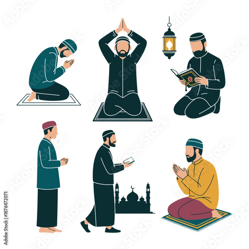 Muslim praying illustration: A collection of illustrations showcases the act of prayer, capturing devotion and faith.