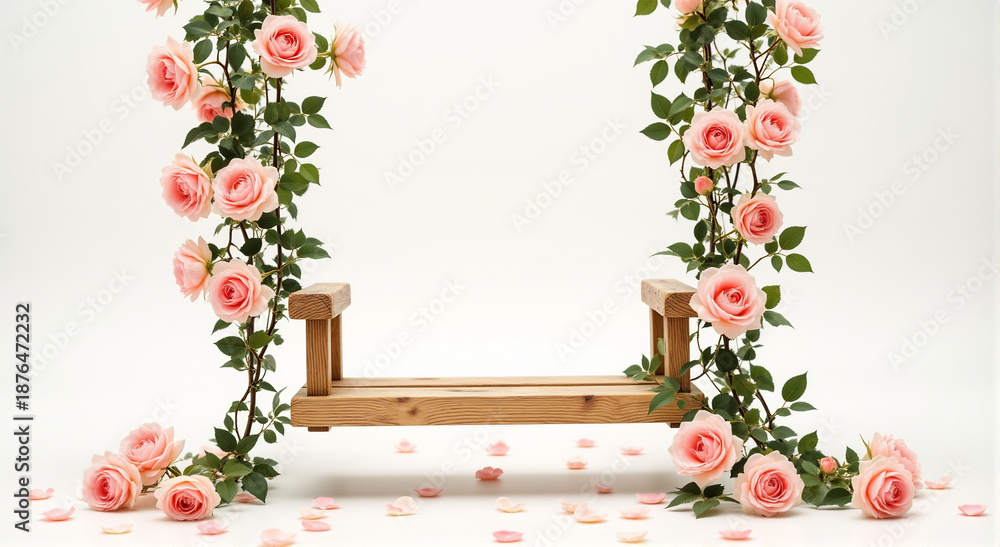 Fototapeta premium Rustic Wooden Swing Adorned with Delicate Pink Roses