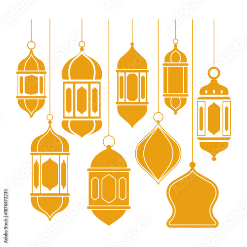 Ornamental Lanterns: A set of ornamental lanterns of various shapes and sizes, suspended, radiating warmth and artistry and designed to cast a magical glow.