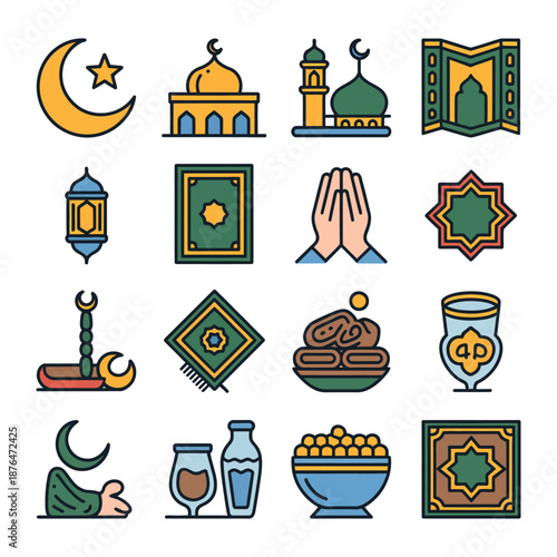 Islamic Symbols Collection: A vibrant compilation of symbolic illustrations capturing the essence of Islamic culture, faith, and traditions. The set features a harmonious blend of iconic imagery.