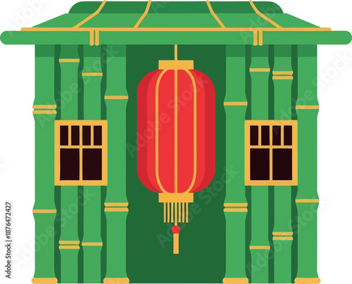 Chinese New Year Bamboo Pavilion with Red Lantern Illustration for Festive Celebration Design