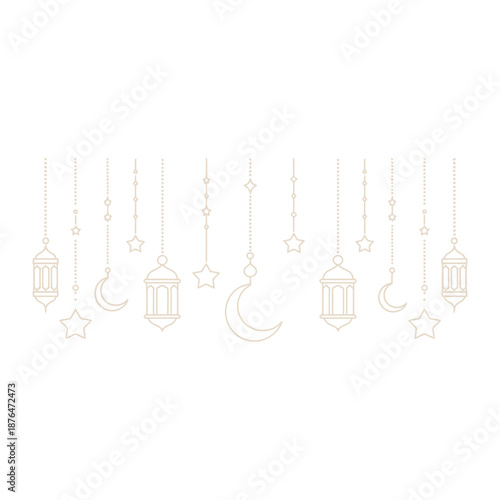 Ramadan Lanterns and Crescent: An artistic arrangement of decorative lanterns and crescent moons, symbolizing the spiritual ambiance of Ramadan, delicately suspended against a clean backdrop.