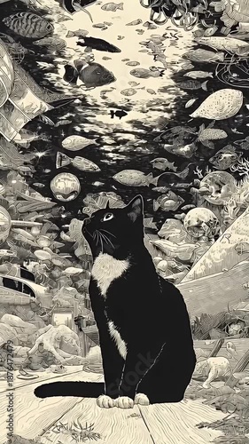 Black and White Cat Walking Through Surreal Underwater Wreckage