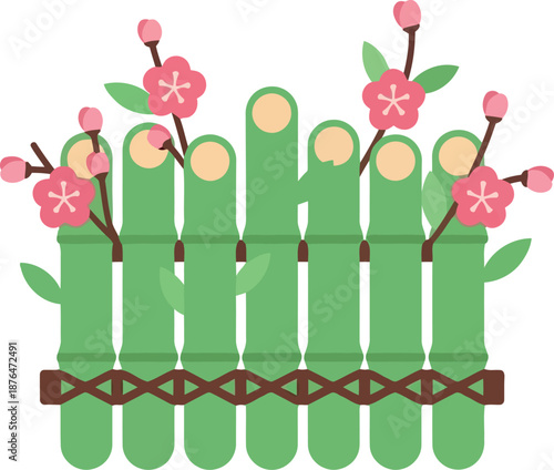 Chinese New Year Bamboo Fence with Plum Blossoms Vector Illustration for Festive Decoration