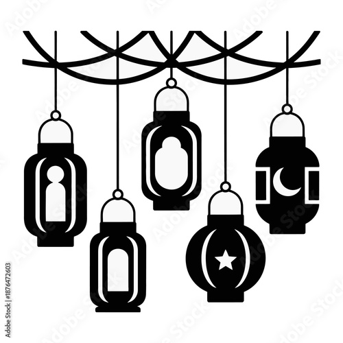 Lanterns of Ramadan: A set of stylized lanterns, each a beacon of light, is gracefully suspended, embodying the spirit of celebration and reflection.