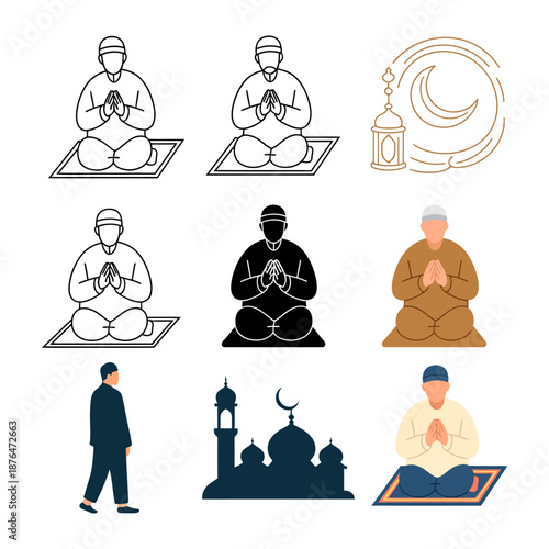 Prayer of devotion: A series of illustration showcasing individuals deeply engrossed in prayer, evoking a sense of spirituality, respect, and tradition.